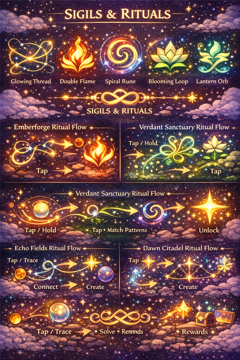 Verdant Sanctuary realm featuring lush magical flora, gentle creatures, and peaceful natural environments bathed in soft light