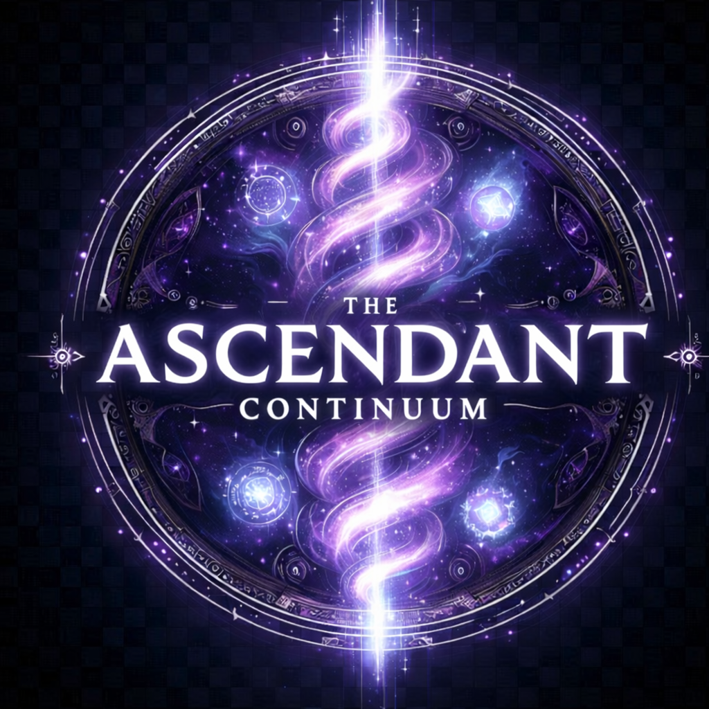 The Ascendant Continuum logo featuring mystical symbols and cosmic design elements representing the five magical realms